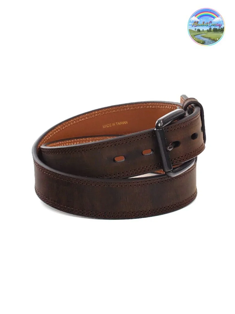 Genuine Leather Western Belt Double Row Stitching Roller Buckle